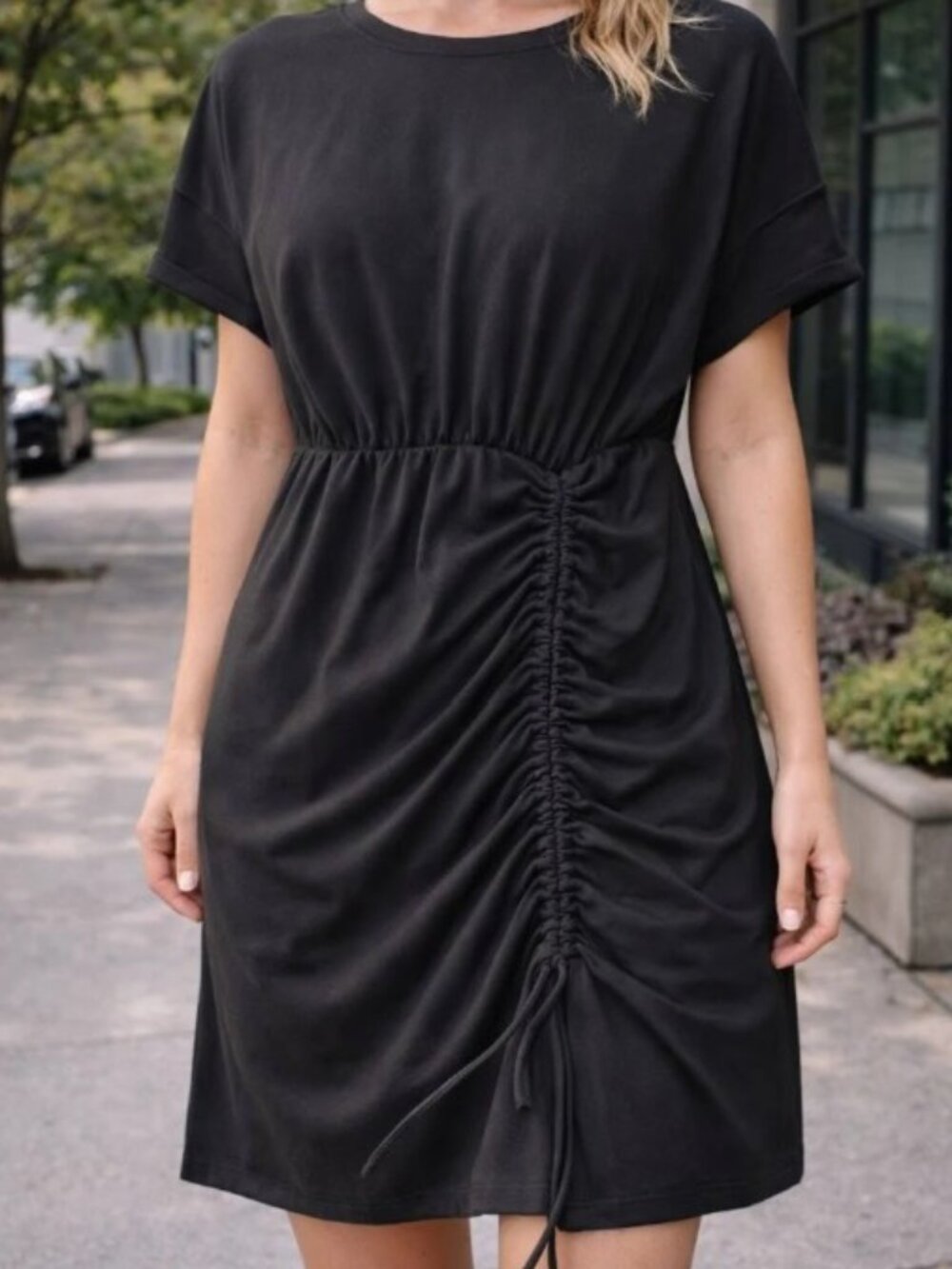 WOMEN'S EXPRESS SIDE RUCHED DRAWSTRING T-SHIRT DRESS (SMALL)